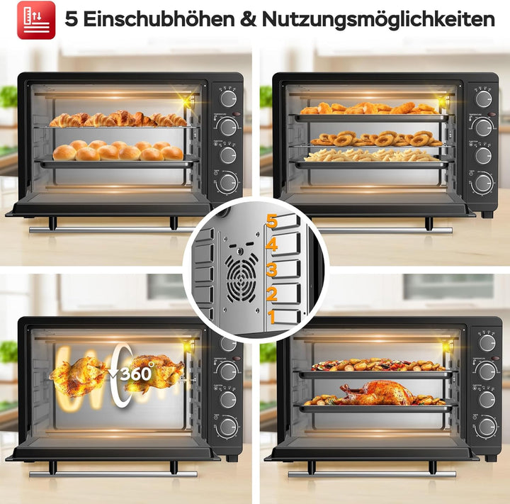 TurboTronic Minibackofen mit Umluft 45L schwarz 2000W, Drehspiess, Timer, Mini Backofen, Pizzaofen,