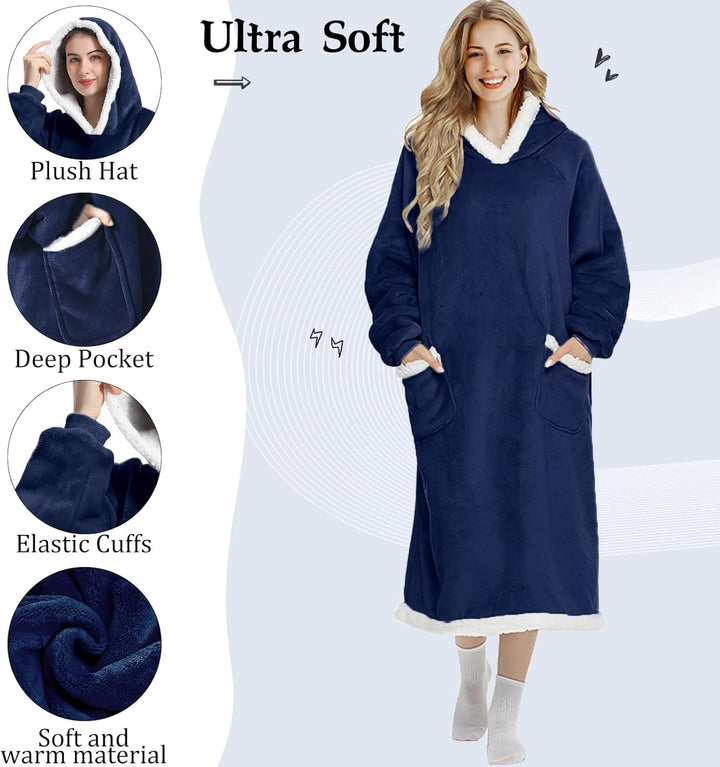 FEELJAM Kuscheldecke mit ärmeln und kapuze hoodie decke tragbare decke navy blu wolldecke mit ärmel