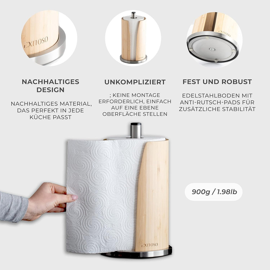 EXITOSO Küchenrollenhalter Bambus - Halter Küchenrolle Edelstahl - Küchentuchhalter - Küchenrollenha