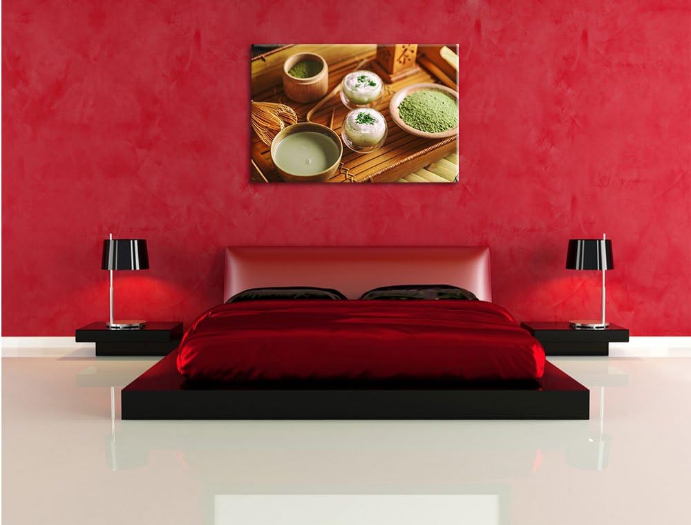 Pixxprint schön dekorierter Matcha Tee / 100x70cm Leinwandbild bespannt auf Holzrahmen/Wandbild Kuns