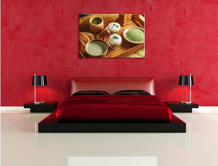 Pixxprint schön dekorierter Matcha Tee / 100x70cm Leinwandbild bespannt auf Holzrahmen/Wandbild Kuns