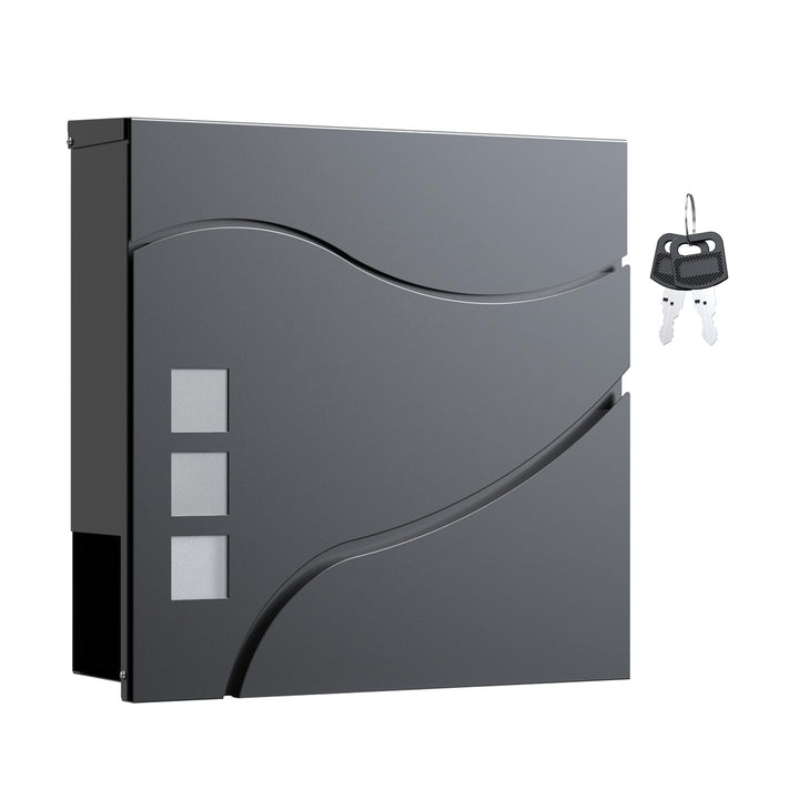 Wiltec Designer Briefkasten V28 Anthrazit 370 x 105 x 370 mm, Wandbriefkasten mit Schloss, Sichtfens