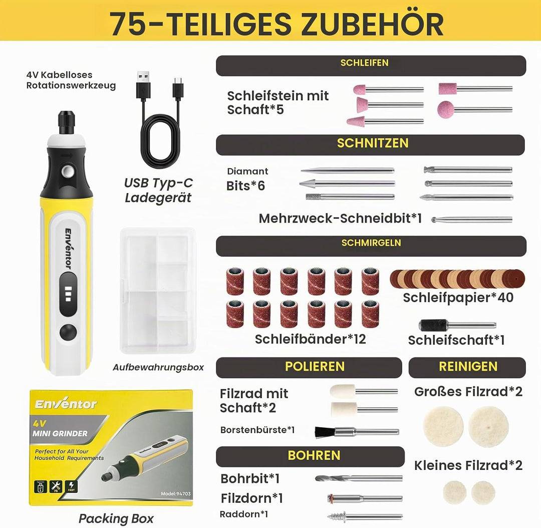 ENVENTOR Mini Multifunktionswerkzeug Akku, 4V Rotationswerkzeug mit 75 Zubehör, 5000-16000RPM, 3 Ein