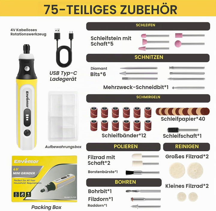 ENVENTOR Mini Multifunktionswerkzeug Akku, 4V Rotationswerkzeug mit 75 Zubehör, 5000-16000RPM, 3 Ein