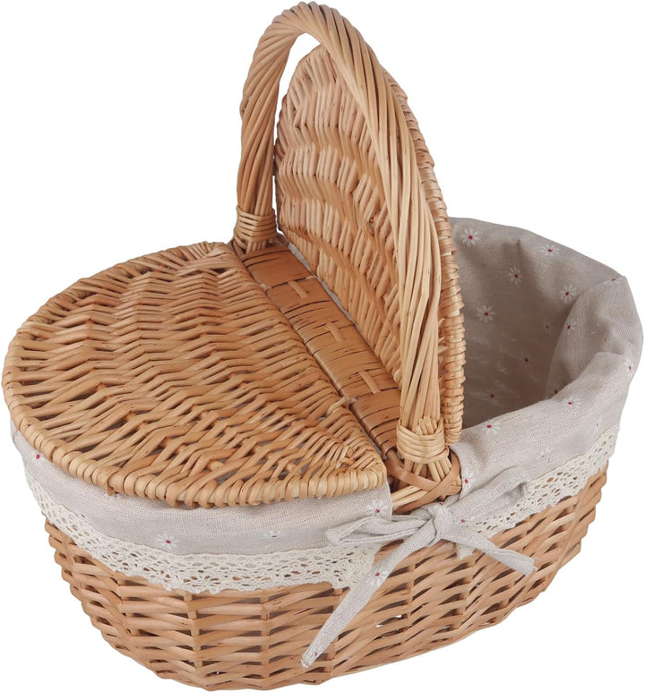 CHEUKYIU Handgefertigter Weidenkorb mit Deckel, 34 x 23 x 17cm Natürliche Braune Einkaufskorb Gefloc