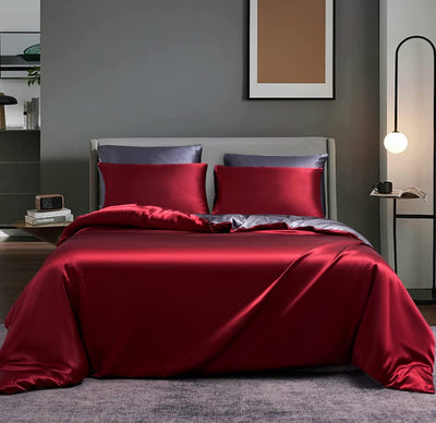 Boqingzhu Satin Glanzsatin Bettwäsche 135x200cm Rot Grau Uni Luxus Seide Wende Bettwäsche Set Weinro