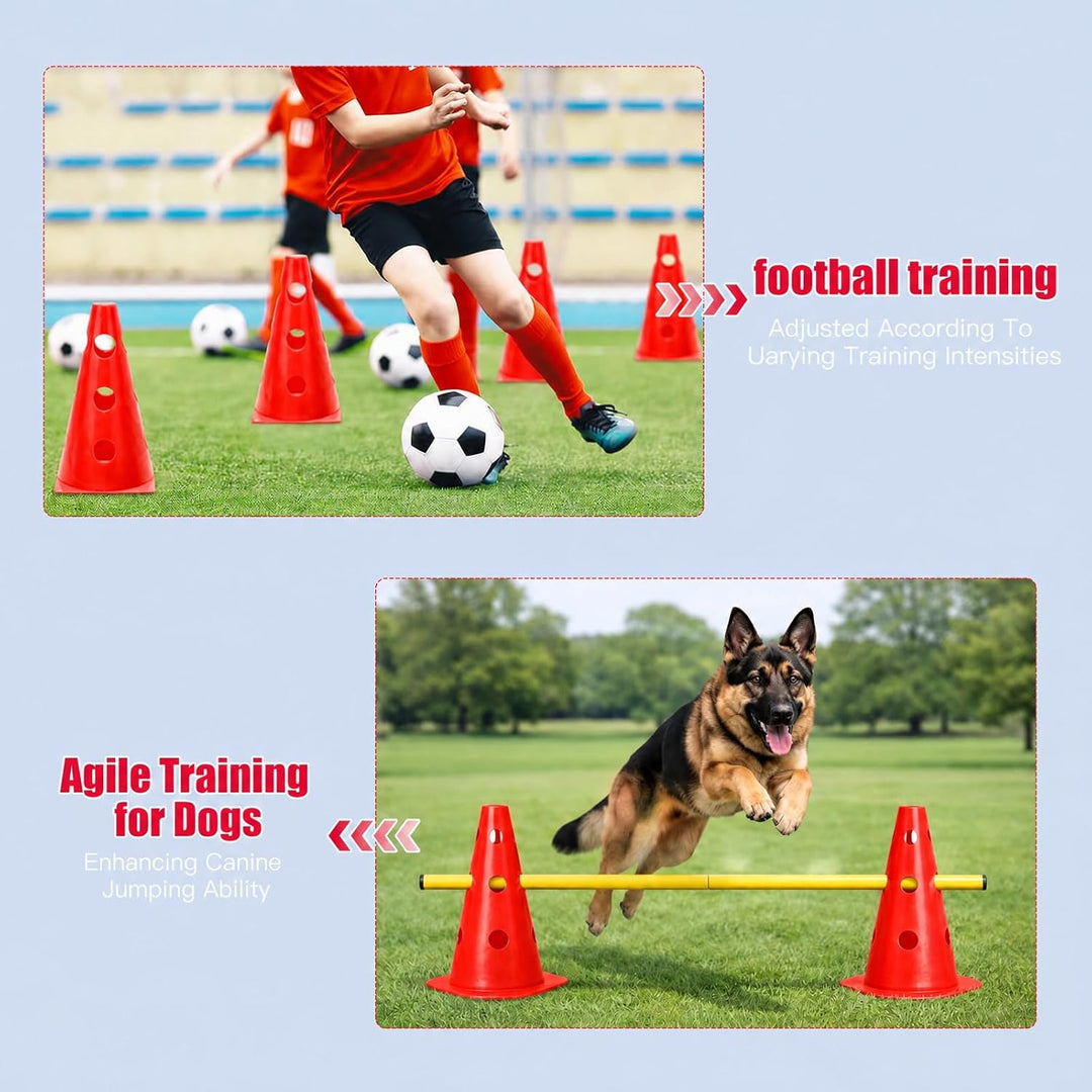 Steckhürdenset 10 Kegel + 5 Stangen, Höhenverstellbare Agility Hürden für Hundesport & Fussballtrain
