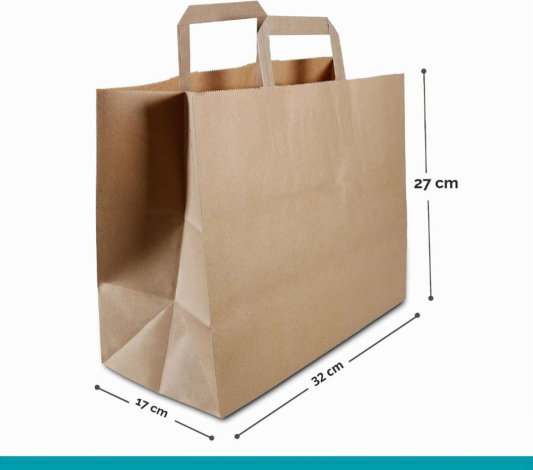 Commerline Papiertüten 250 Stück, Braun, 32+17x27 cm | Kraftpapier Tüten Klein Mit Henkel | Tragetas