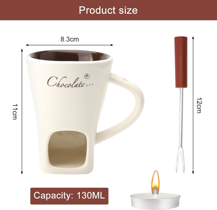 Schokofondue Tasse Keramik 130ML Schoko Fondue Cup mit Teelichthalter und Gabeln Schokoladenfondue S