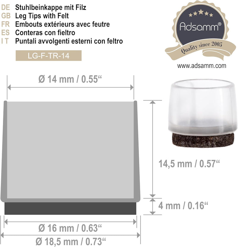 Adsamm® / 32 x Stuhlbeinkappen mit Filz / Transparent / Ø 13 - 14 mm / rund / Filz-Möbelgleiter für