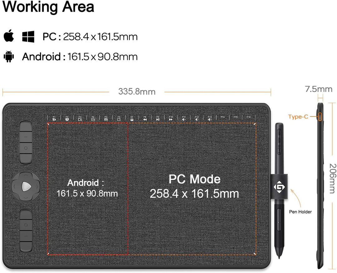 GAOMON M1230 Grafik-Tablet, 12 Zoll, passiv, 8192 Ebenen mit Neigung, 16 Multimedia-Tasten und 13 an