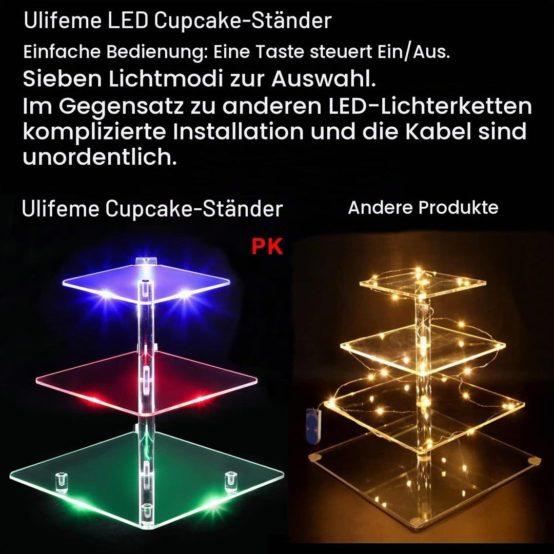 3 Etagen Cupcake Ständer, Ulifeme Wiederaufladbarer LED-Licht Quadrat Transparenter Dessert Tortenst