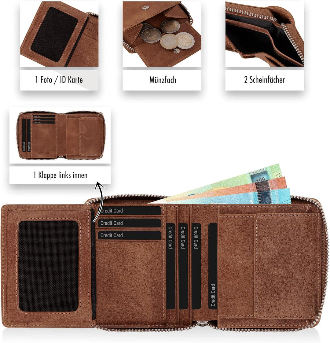 BROWN BEAR Geldbörse Reissverschluss Leder Vintage Braun für Damen & Herren | RFID-Schutz Portemonna