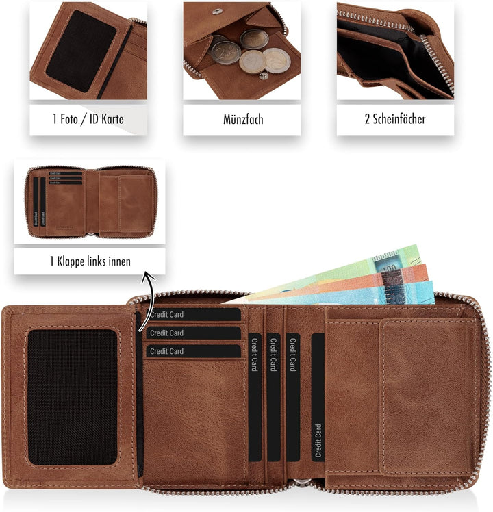 BROWN BEAR Geldbörse Reissverschluss Leder Vintage Braun für Damen & Herren | RFID-Schutz Portemonna