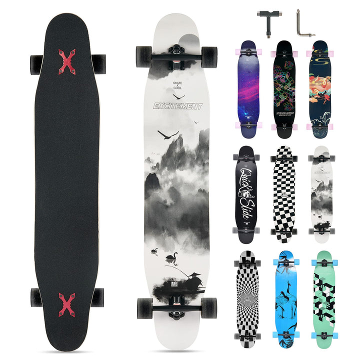 Opurtdor Longboard 118CM Pro Skateboard, Cruiser Trick Skateboard, Komplettes 8 Etagen Ahornholz, Sc