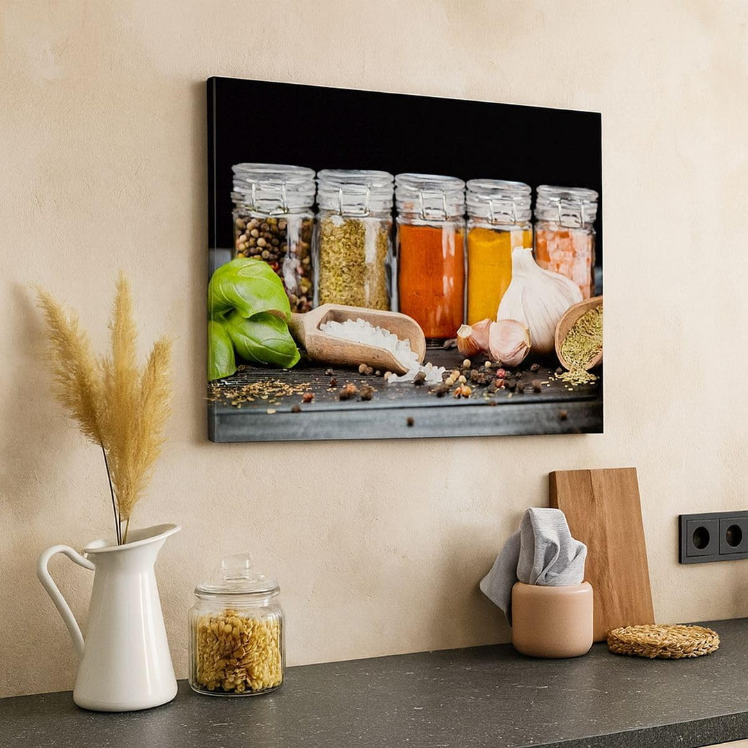 Bilder auf Leinwand Gewürze Knoblauch Holz Salz Leinwandbild 70x50cm Wandbilder Dekoration Wohnzimme