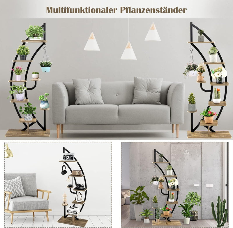 RELAX4LIFE Pflanzenständer Halbmondförmig, 6-Stufiges Blumenregal mit Ablagen Haken, Blumenständer m