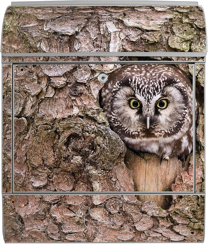 banjado® Design Briefkasten mit Motiv Eule 39x47x14cm &amp; 2 Schlüssel - Briefkasten Stahl Silber mit Z