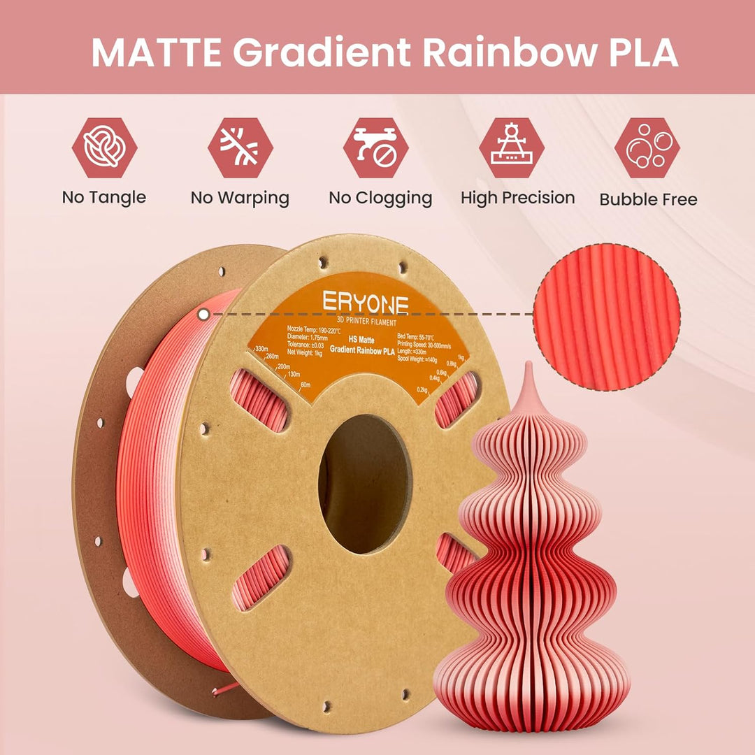 ERYONE Matte PLA 3D Drucker Filament 1.75mm, Matte Gradient Rainbow PLA, Massgenauigkeit +/- 0.03 mm