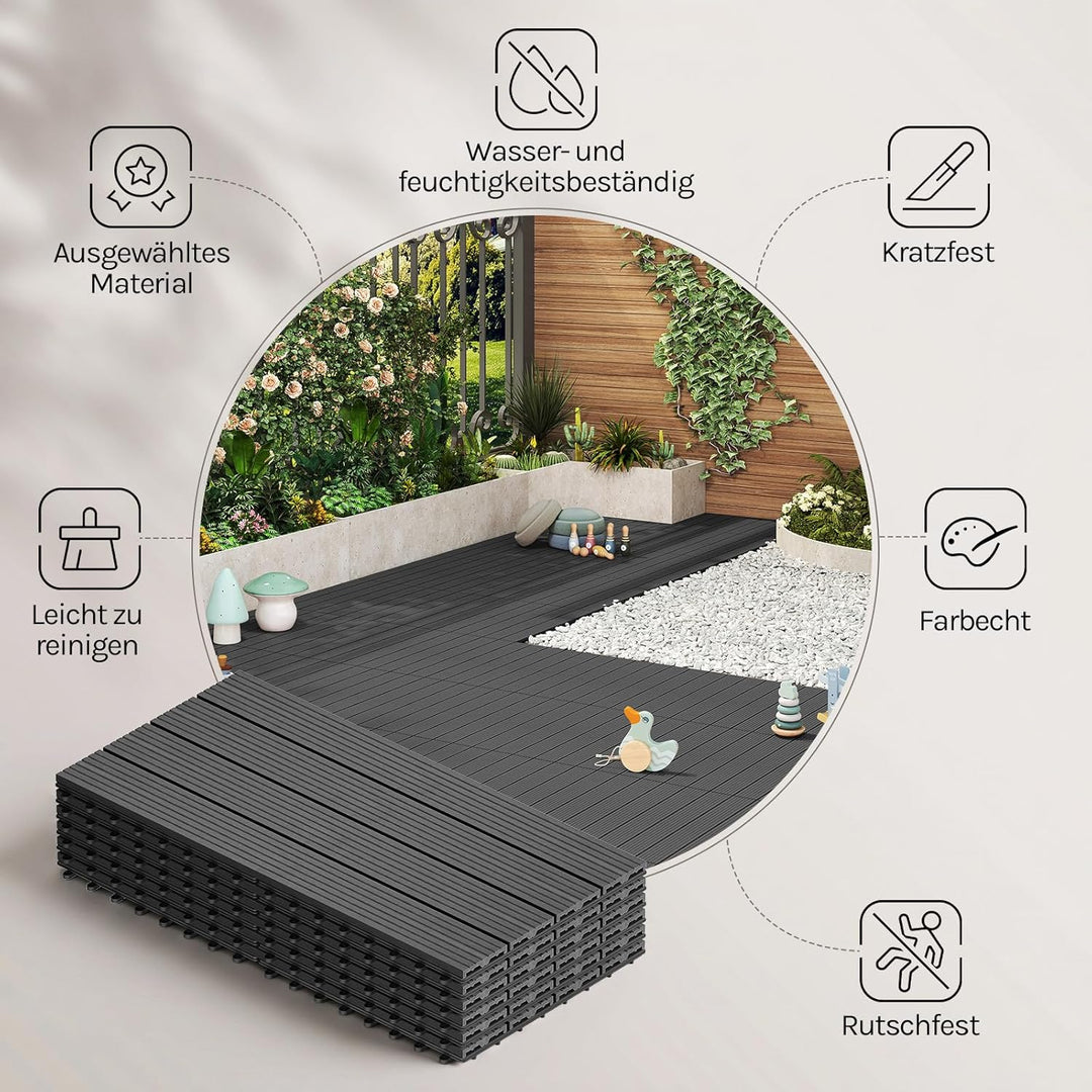 WOLTU WPC Fliese, Terrassenfliesen Holz-Optik, Bodenbelag mit Klicksystem, 30 x 60 cm, Grau (12 Stüc