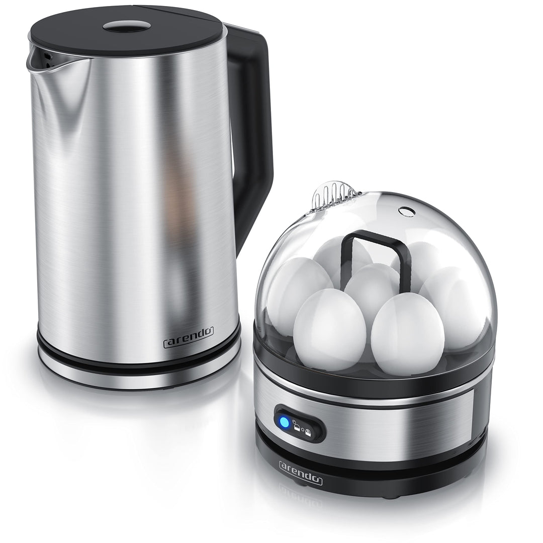 Arendo - Set Wasserkocher ELEGANT mit Eierkocher THREECOOK Edelstahl Silber, Wasserkocher 1,5L 40° -