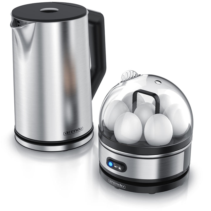 Arendo - Set Wasserkocher ELEGANT mit Eierkocher THREECOOK Edelstahl Silber, Wasserkocher 1,5L 40° -