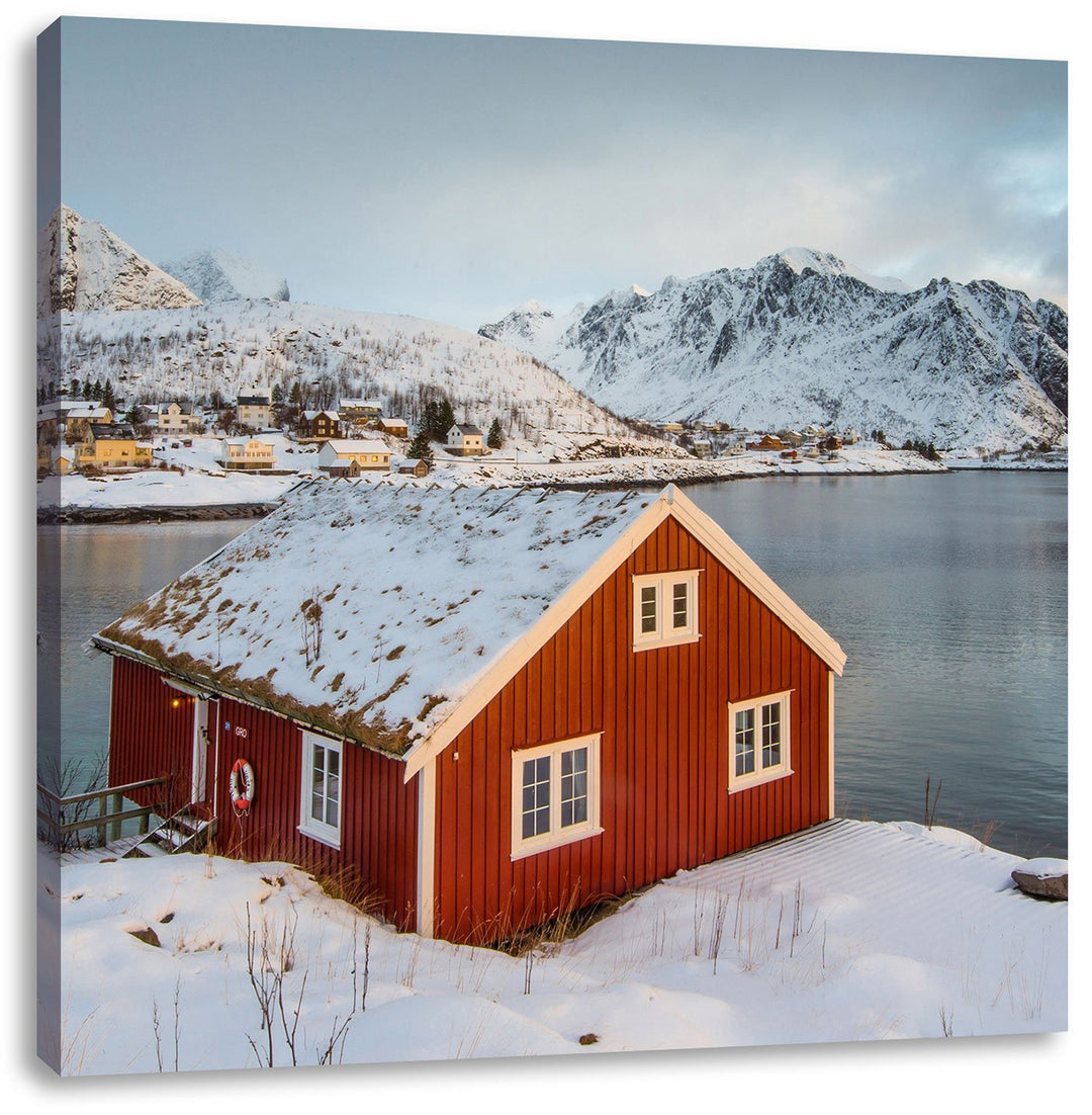 Pixxprint Fischerhaus an den Lofoten Inseln, Format: 70x70 auf Leinwand, 70x70
