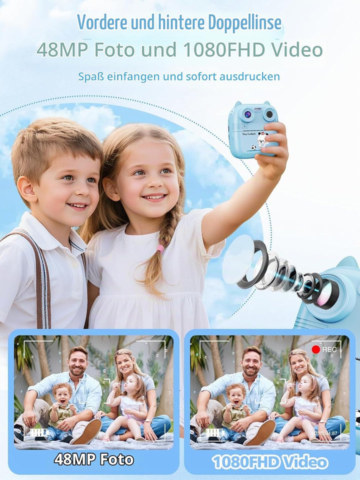 Sofortbildkamera Kinder, 1080FHD 48MP Dual-Kameraobjektive Kinderkamera, mit 4 Druckpapier 2,4 Zoll