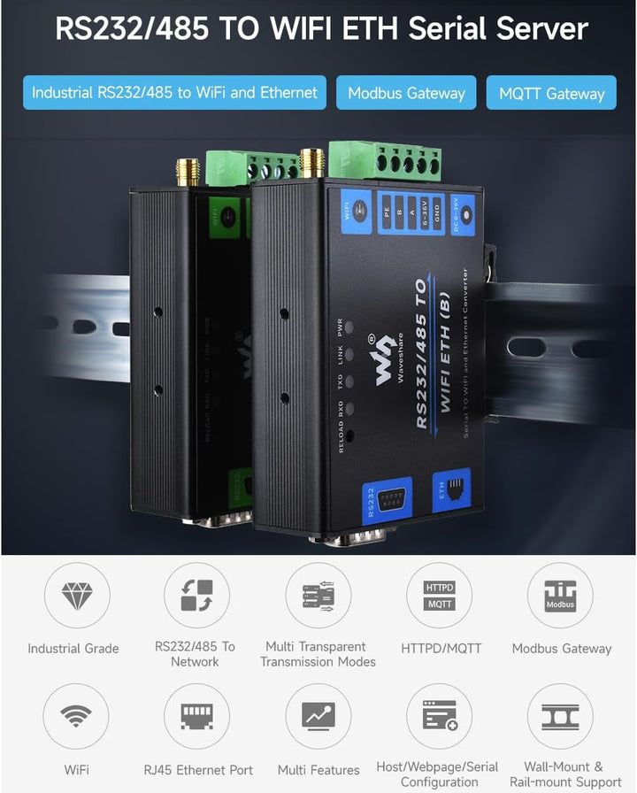Waveshare RS232/485 to WiFi and RJ45 Ethernet Converter Module with POE Function, Industrial Grade S