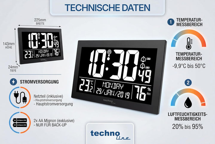Technoline WS 8017 Funkwanduhr/Tischuhr mit Temperatur, Luftfeutchtigkeit, Datum, Tag, 2 Alarmzeiten