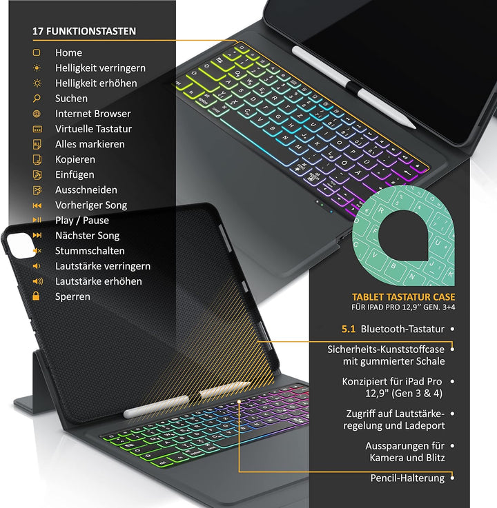 CSL - iPad Pro Tastatur Bluetooth mit Hülle - 12,9 Zoll - kompatibel mit iPad 4te, 5te, 6te Generati