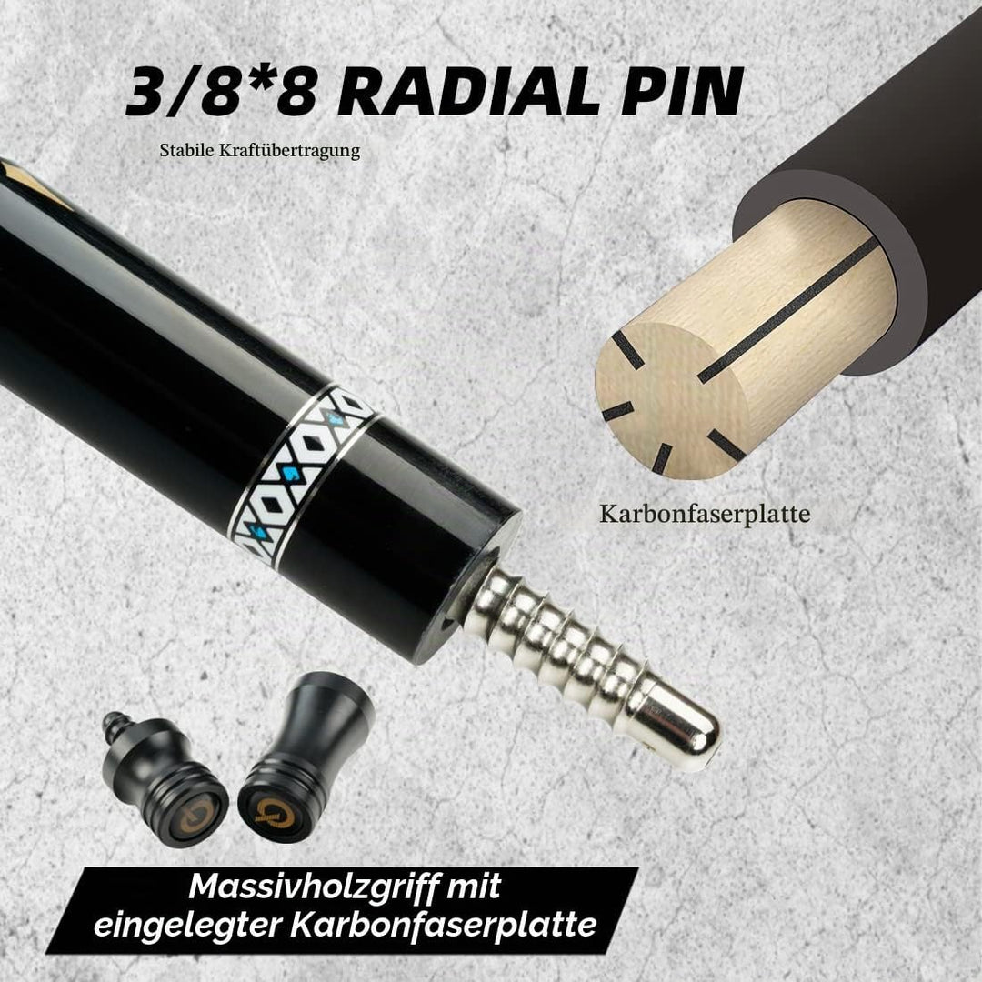 KONLLEN CUE-X Kohlefaser Pool Queue Leder Schwarz Technologie Low Deflection Billard HQ-06BF, 12,5 m
