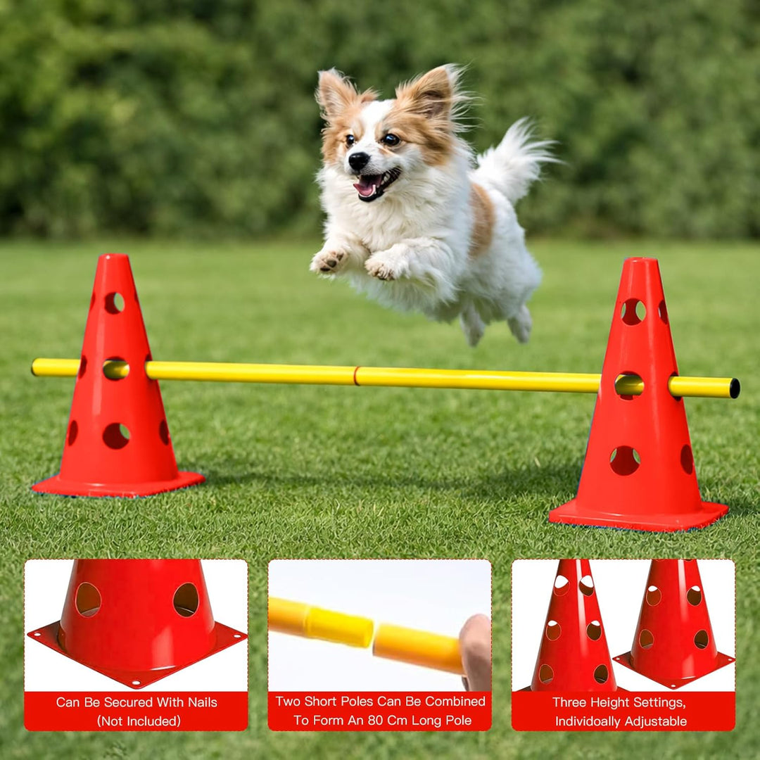 Steckhürdenset 10 Kegel + 5 Stangen, Höhenverstellbare Agility Hürden für Hundesport & Fussballtrain
