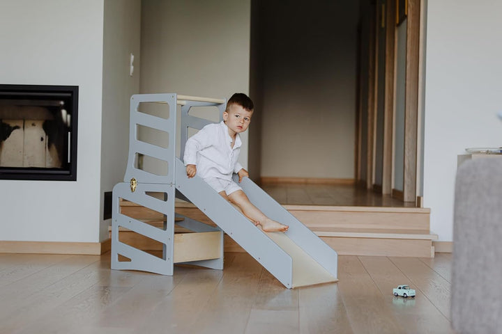 Weco Kinder-Lernturm 3 in 1 Streifendesign mit Rutsche Schreibtisch Rutsche Montessori Möbel Küchenh