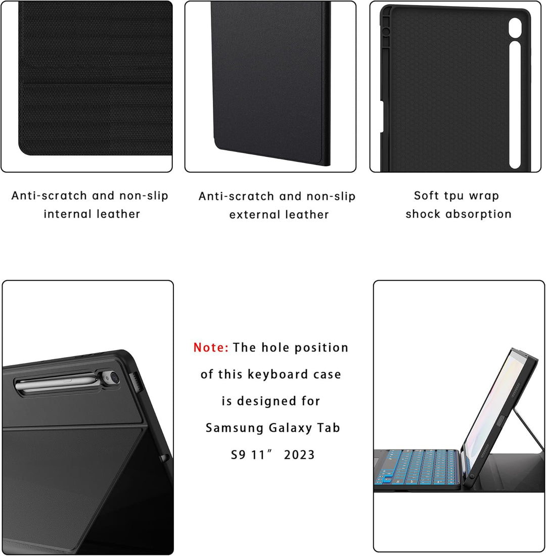 Tastatur Hülle für Samsung Galaxy Tab S9 FE / Tab S9 - 7 Farbige Beleuchtung Touchpad Tablet Cover m