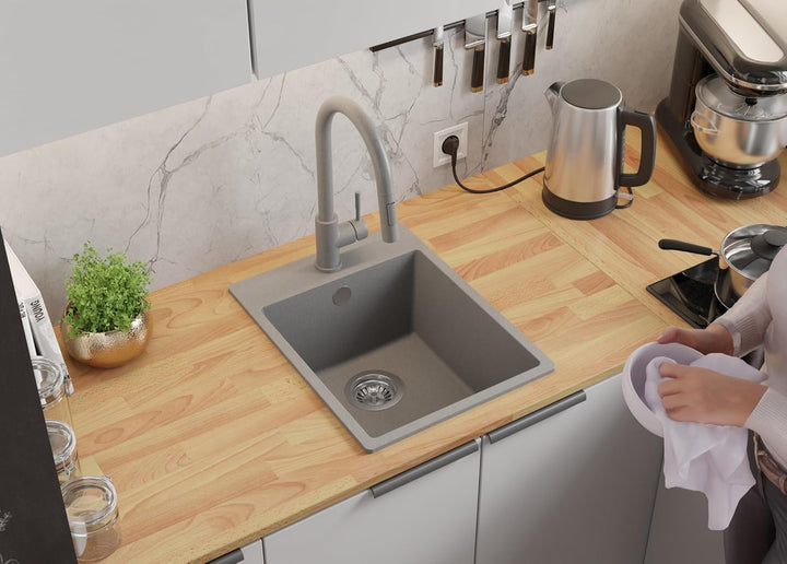 PRIMAGRAN Spülbecken Schwarz Metallic - Riga, 38x50cm | Granitspüle 1 Becken + Zuberhor-Set, Küchens