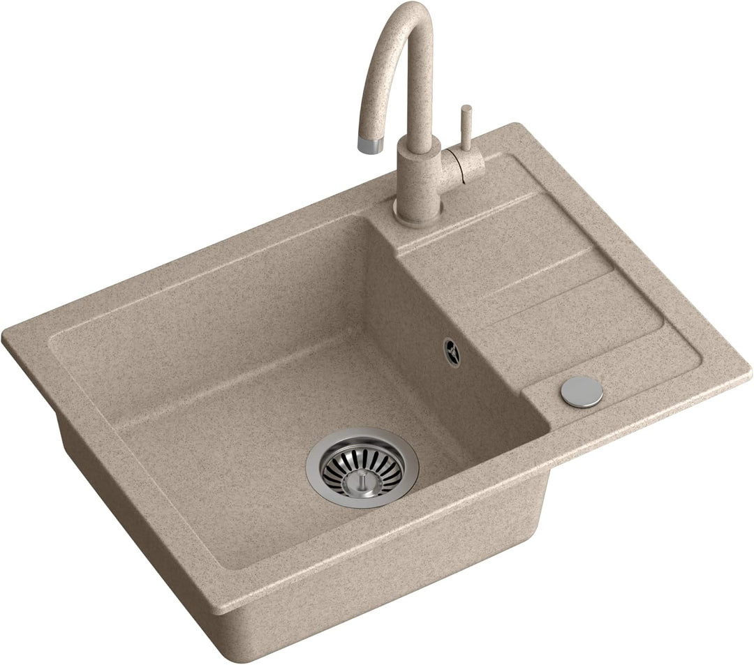 VBChome Spülbecken mit Armatur Beige 62 x 44 cm Granit Einzelbecken Einbauspüle Abtroffläche gespren