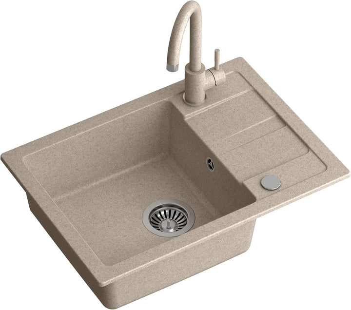 VBChome Spülbecken mit Armatur Beige 62 x 44 cm Granit Einzelbecken Einbauspüle Abtroffläche gespren