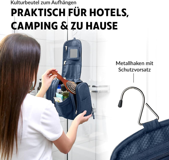 Obics Kulturbeutel Herren & Damen Gross blau 8L XL - Kulturtasche zum Aufhängen & mit Spiegel - Kosm