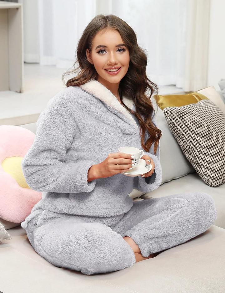 TOMEEK Schlafanzug Damen Winter Thermo Pyjama Set Langarm Fleece Nachtwäsche Set Weicher Warmer Heim