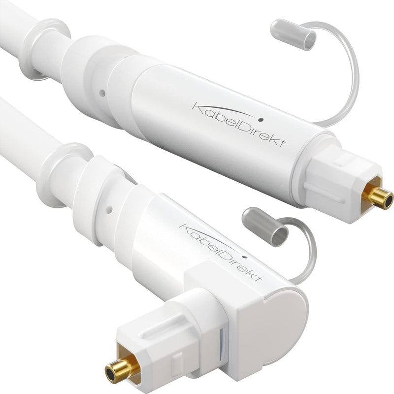 KabelDirekt – TOSLINK-Kabel 90° gewinkelt, optisches Audiokabel, weiss – 10 m – Glasfaserkabel für S