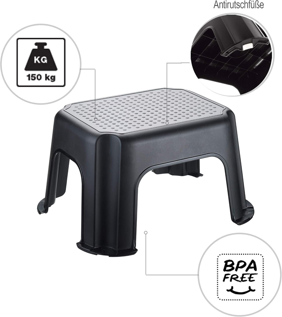 Rotho Basic Tritthocker bis 150 kg belastbar, Kunststoff (PP) BPA-frei, schwarz/silber, (43.1 x 35.8
