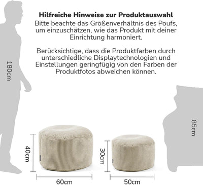 mokebo® Pouf, Hocker o. Sitzhocker aus Cord 30x50 cm 'Der Faule Lenz', Bodenkissen in Beige, Fusshoc