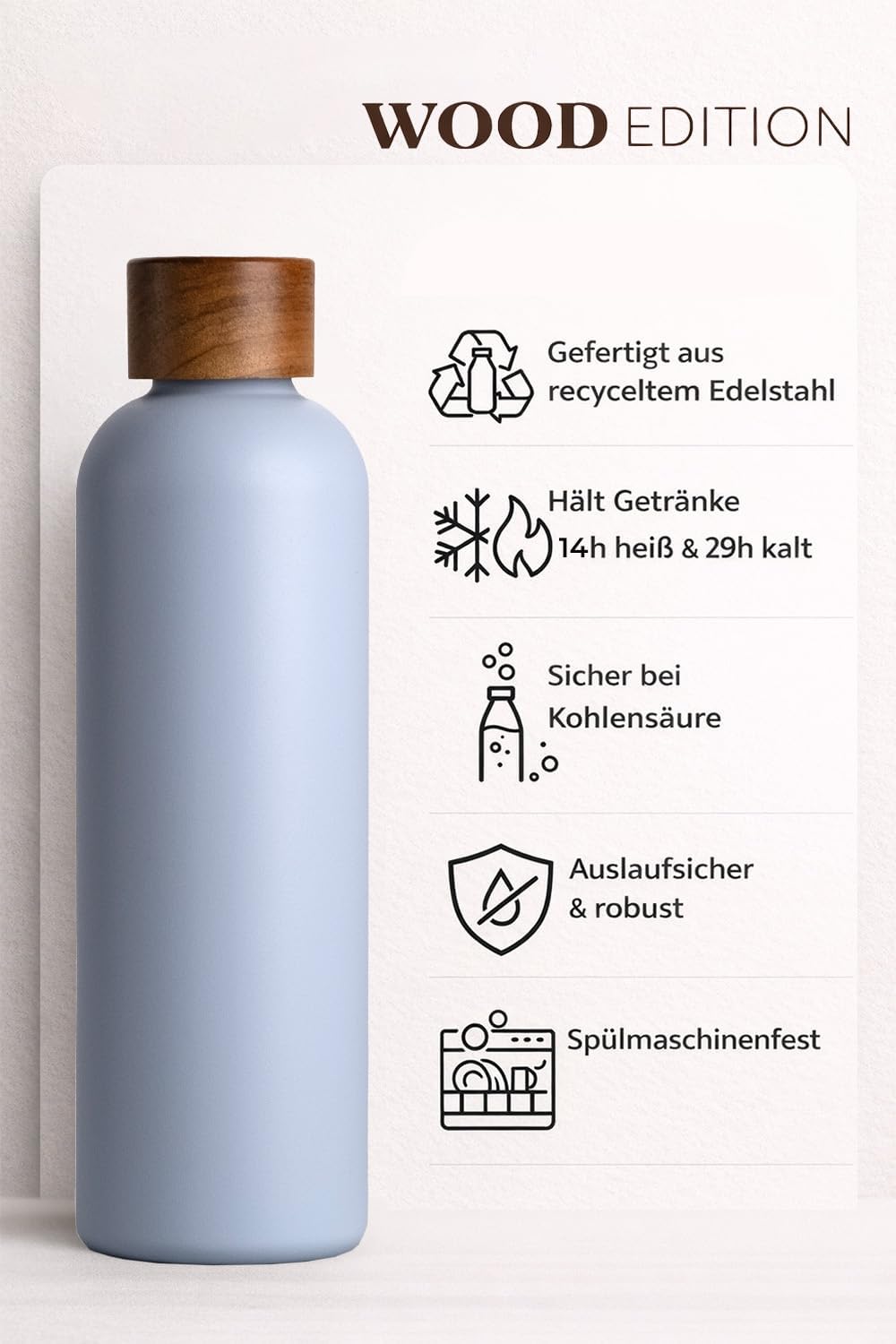 T&amp;N Edelstahl Trinkflasche 750ml, Thermosflasche 0.75l mit Akazienholz Deckel, Isolierte Wasserflasc