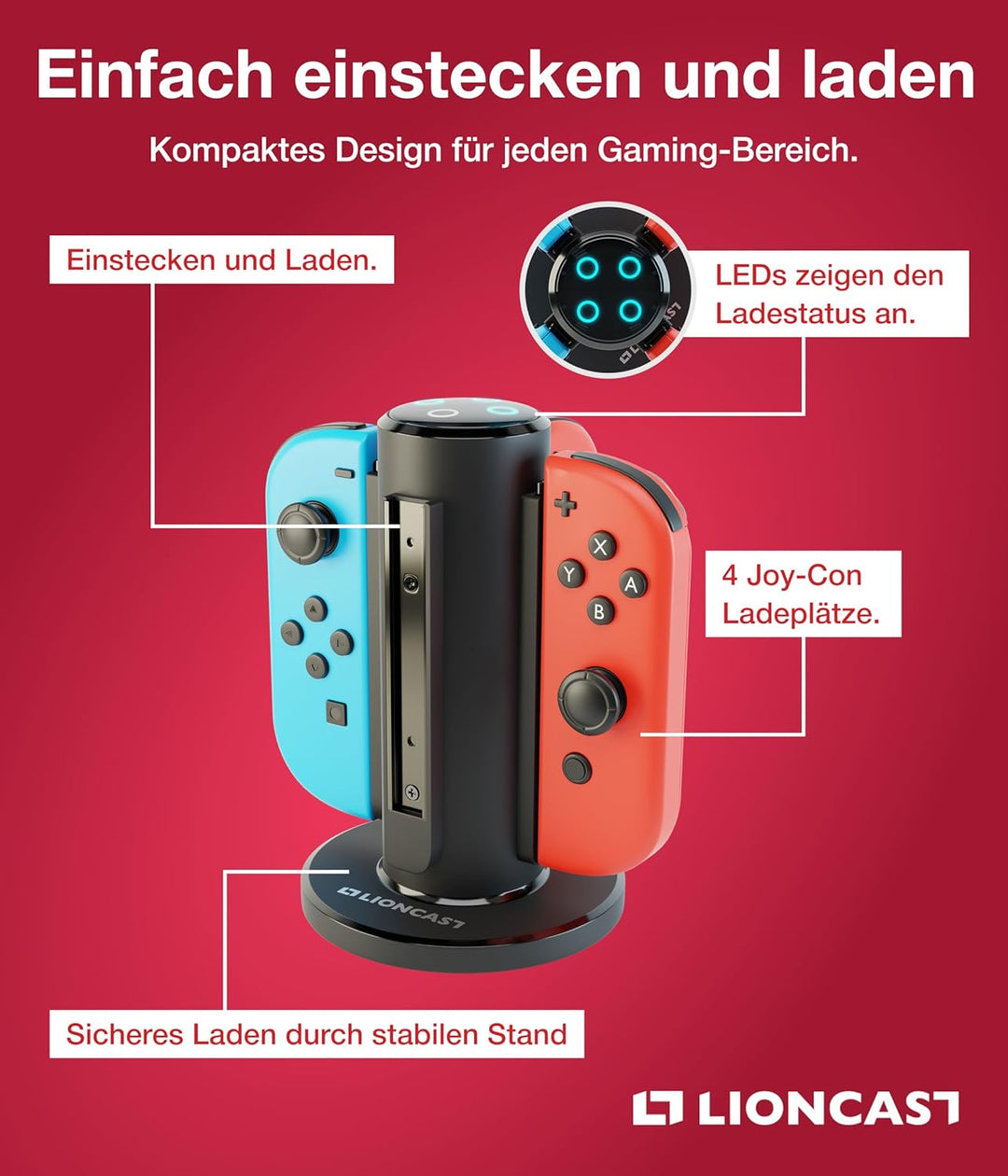 Lioncast® Joy Con Quad-Charger für Nintendo Switch [mit LED Ladeanzeige] - Nintendo Switch Controlle