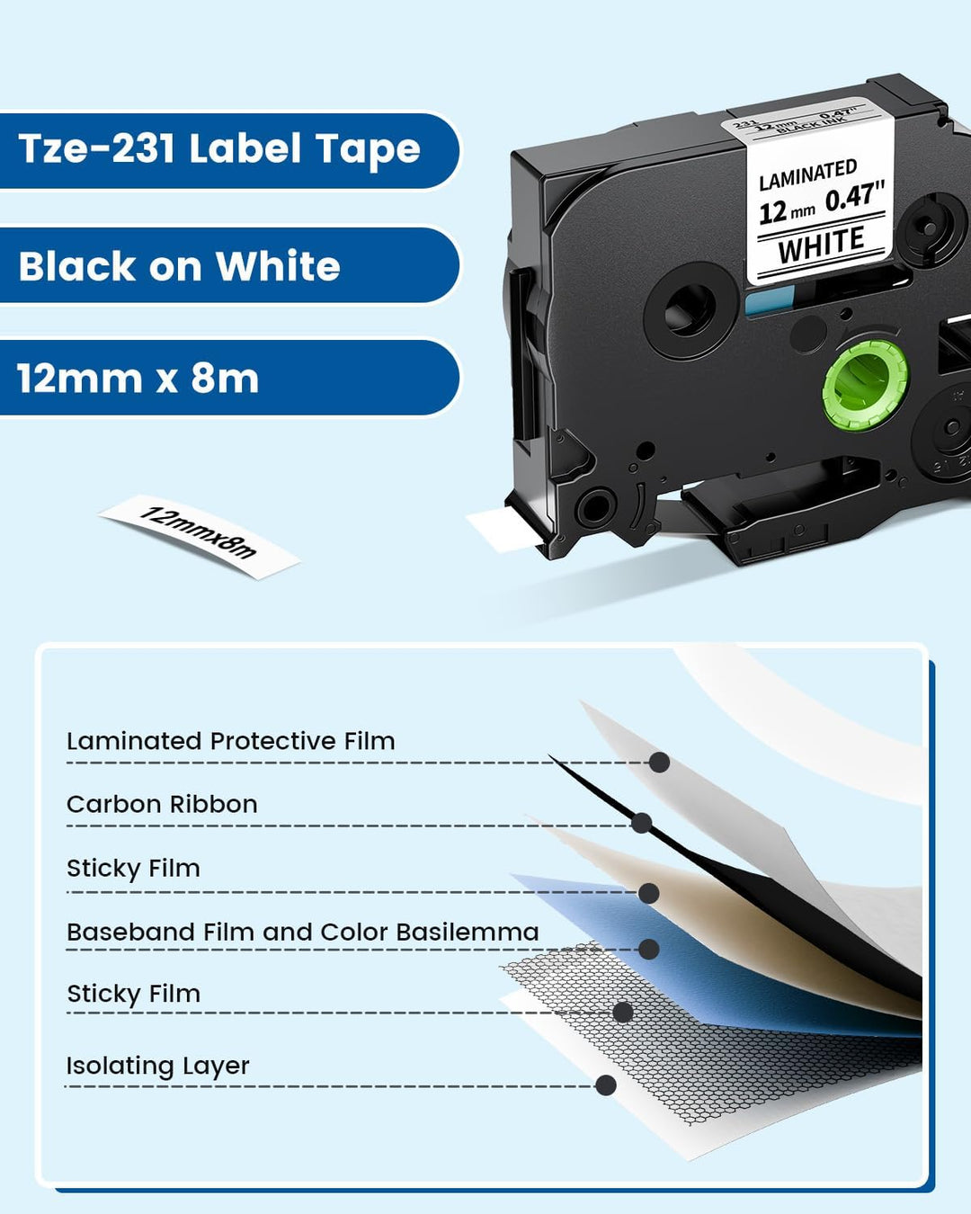 Tze 231 Tape Cassette 12mm Black on White Kompatibel mit Brother P touch Schriftband 12mm,(kompatibe