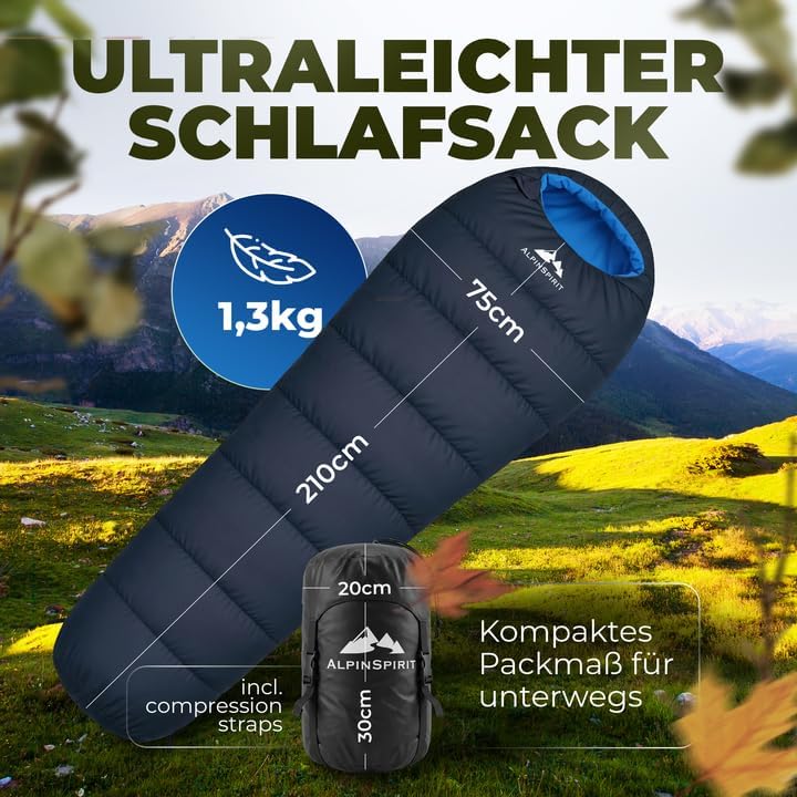 Schlafsack [Ultraleicht] 3 Jahreszeiten Sommer & Winter, kleines Packmass, Komfort, 210x75 cm, leich