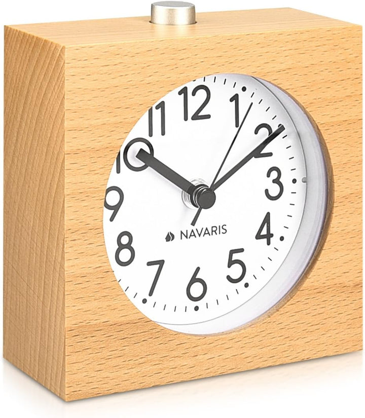 Navaris Analog Holz Wecker mit Snooze - Retro Uhr im Viereck Design mit Ziffernblatt Alarm - Leise T