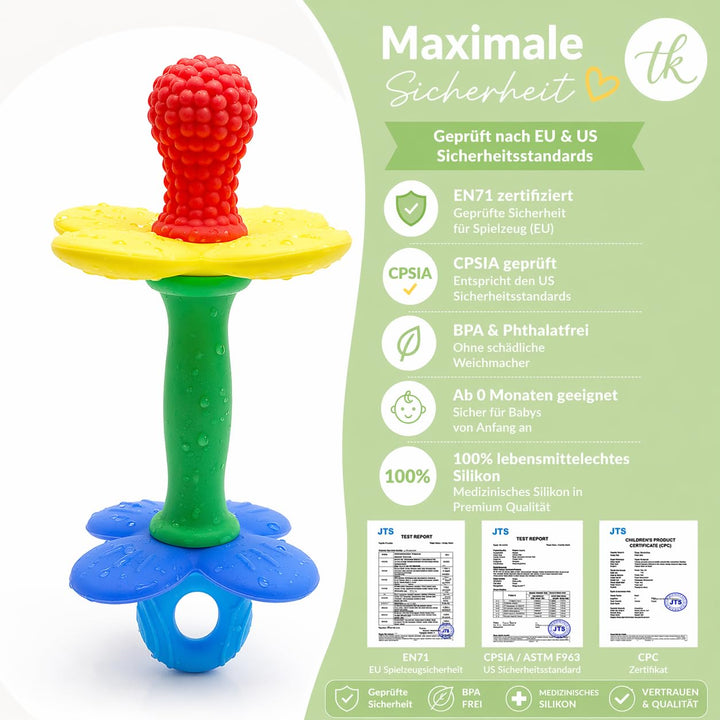 Beissring Baby Blume mit Clip – Baby Zahnungshilfe aus BPA-freiem Silikon, weich &amp; flexibel, Greifli
