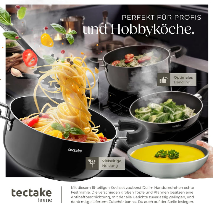 tectake® Küchenstarterset 6 Personen, Steingut Geschirr Set, Teller, 4 Töpfe 2 Pfannen rostfreies Al
